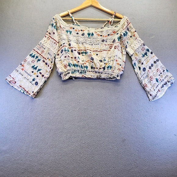 American Rag Cie Boho Cactus Print Cold Shoulder Bell Sleeve Crop Top Womens M - Picture 8 of 14